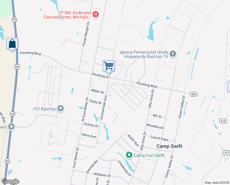 map of restaurants, bars, coffee shops, grocery stores, and more near 215 Zimmerman Avenue in Bastrop