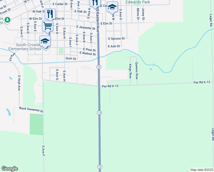 map of restaurants, bars, coffee shops, grocery stores, and more near 100 Hunter Drive in Crowley