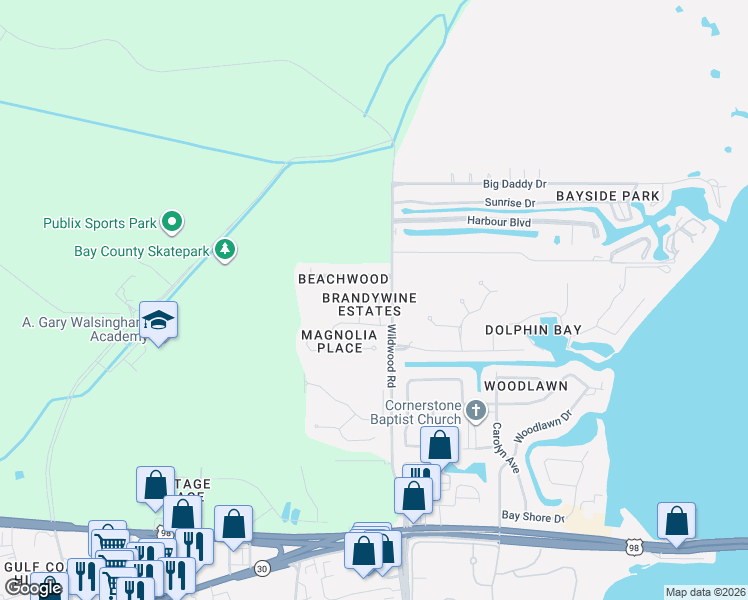 map of restaurants, bars, coffee shops, grocery stores, and more near 102 Dana Way in Panama City Beach
