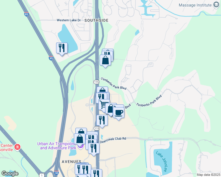 map of restaurants, bars, coffee shops, grocery stores, and more near 7620 Timberlin Park Boulevard in Jacksonville
