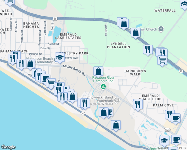 map of restaurants, bars, coffee shops, grocery stores, and more near 12500 Hutchison Boulevard in Panama City Beach