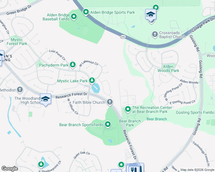 map of restaurants, bars, coffee shops, grocery stores, and more near 99 East Morning Cloud Circle in Spring