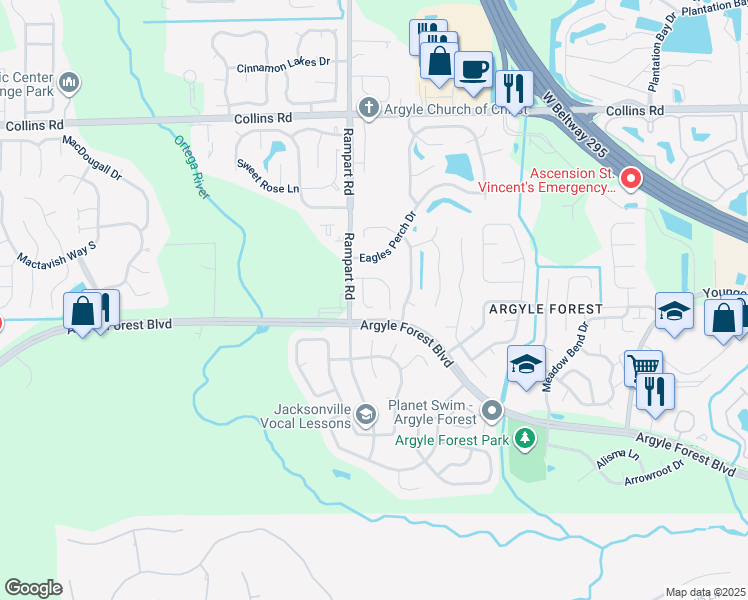 map of restaurants, bars, coffee shops, grocery stores, and more near 8381 Argyle Corners Court in Jacksonville