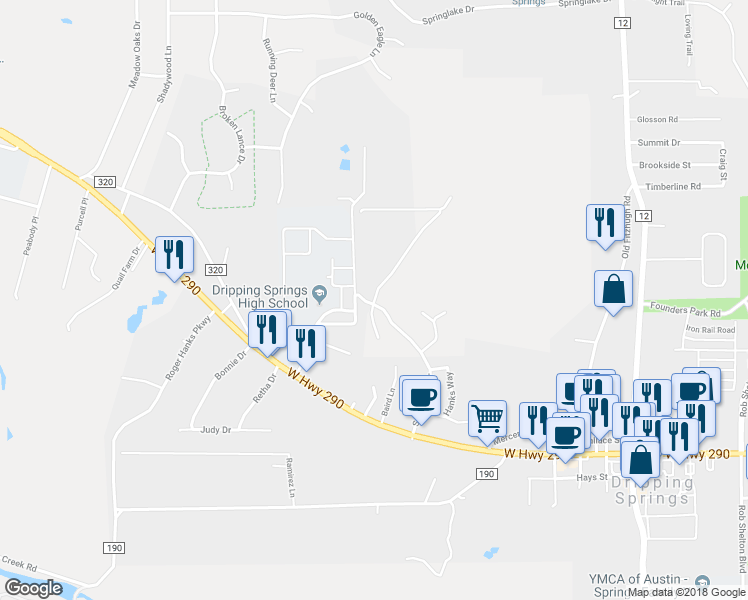 map of restaurants, bars, coffee shops, grocery stores, and more near Baird Lane in Dripping Springs