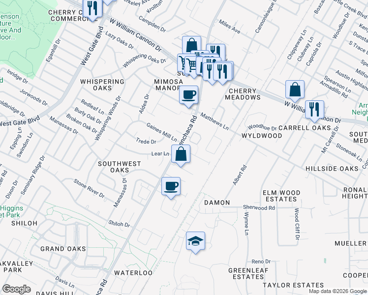 map of restaurants, bars, coffee shops, grocery stores, and more near 7300 Gaines Mill Lane in Austin