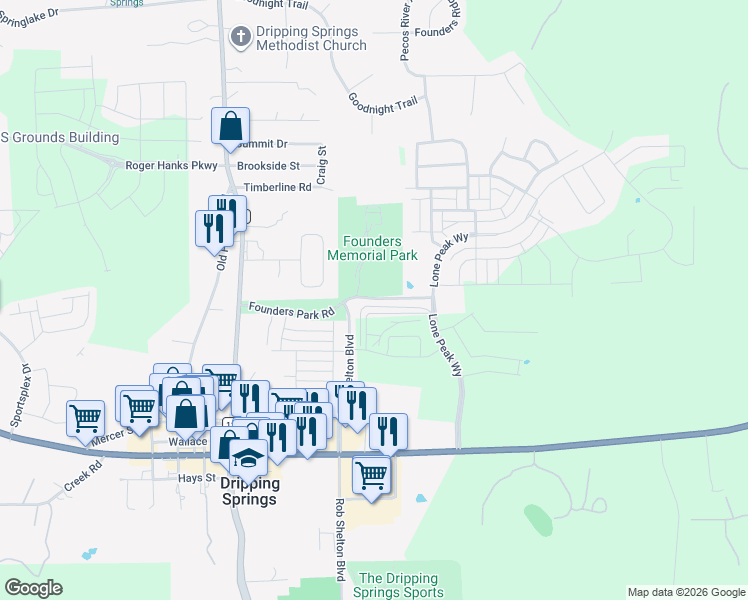 map of restaurants, bars, coffee shops, grocery stores, and more near 644 Lone Peak Way in Dripping Springs