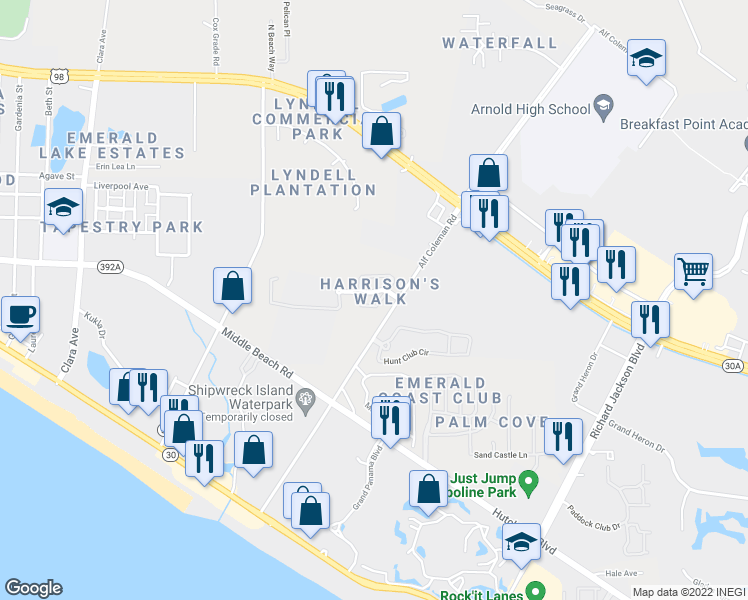 map of restaurants, bars, coffee shops, grocery stores, and more near 363 Madison Circle in Panama City Beach