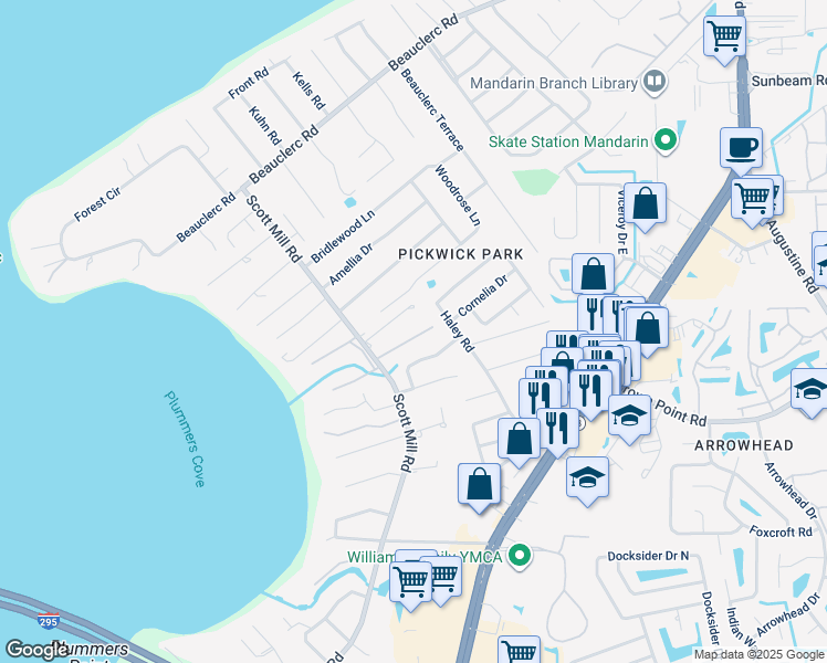 map of restaurants, bars, coffee shops, grocery stores, and more near 2964 Old Orchard Road in Jacksonville