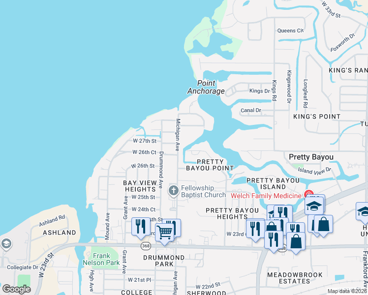 map of restaurants, bars, coffee shops, grocery stores, and more near 2454 Pretty Bayou Blvd in Panama City