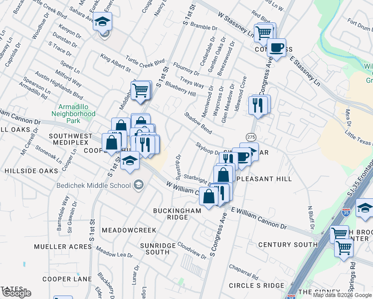map of restaurants, bars, coffee shops, grocery stores, and more near 309 Skyloop Drive in Austin