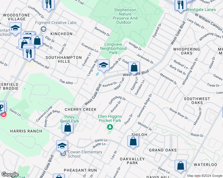map of restaurants, bars, coffee shops, grocery stores, and more near 3000 Kestrel Drive in Austin