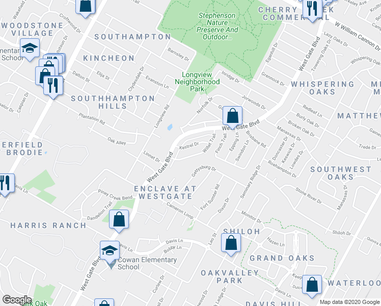 map of restaurants, bars, coffee shops, grocery stores, and more near 3000 Kestrel Drive in Austin
