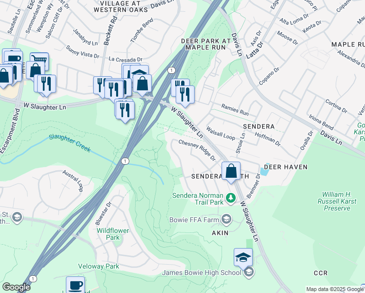 map of restaurants, bars, coffee shops, grocery stores, and more near 4832 Chesney Ridge Drive in Austin