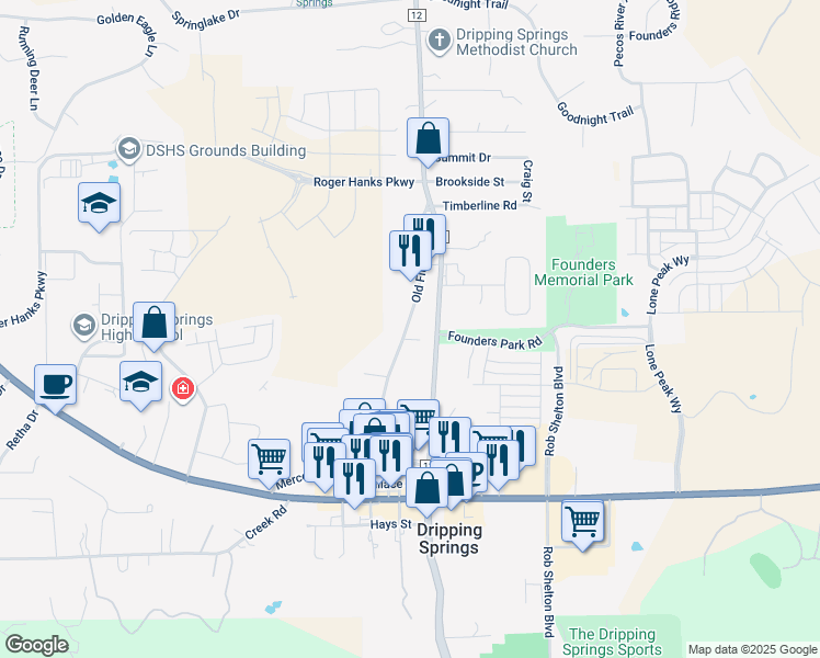 map of restaurants, bars, coffee shops, grocery stores, and more near 29300 Ranch Road 12 in Dripping Springs
