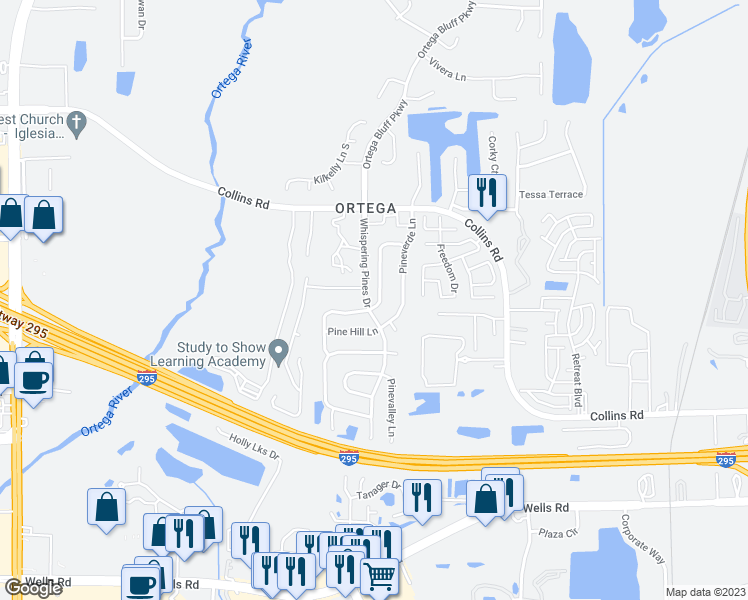 map of restaurants, bars, coffee shops, grocery stores, and more near 8526 Windypine Lane in Jacksonville