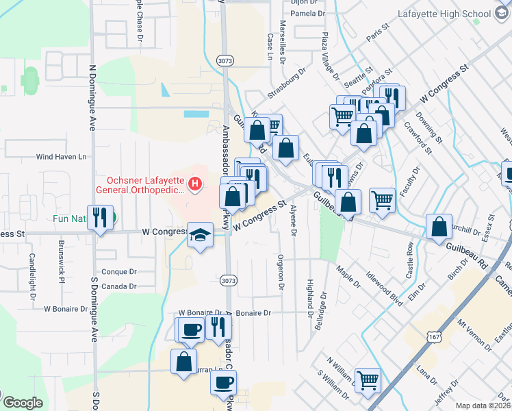 map of restaurants, bars, coffee shops, grocery stores, and more near 101 Independence Boulevard in Lafayette