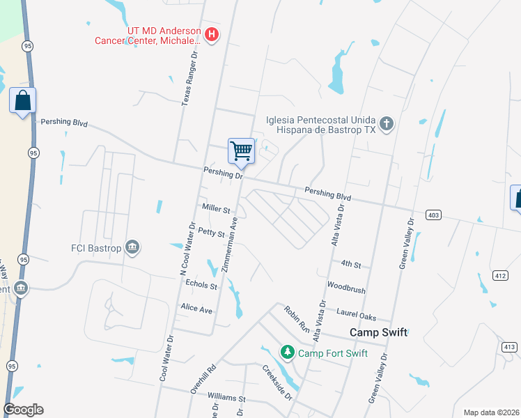 map of restaurants, bars, coffee shops, grocery stores, and more near 101 Neches Drive in Bastrop