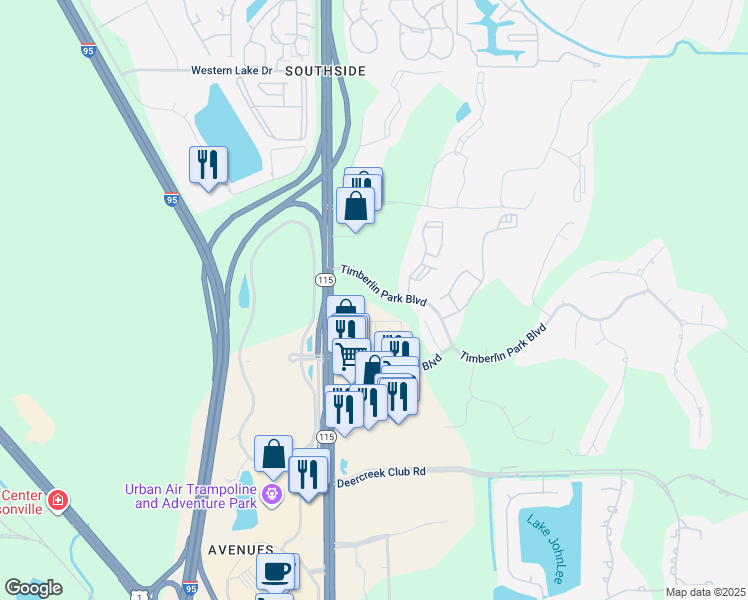 map of restaurants, bars, coffee shops, grocery stores, and more near 7620 Timberlin Park Boulevard in Jacksonville