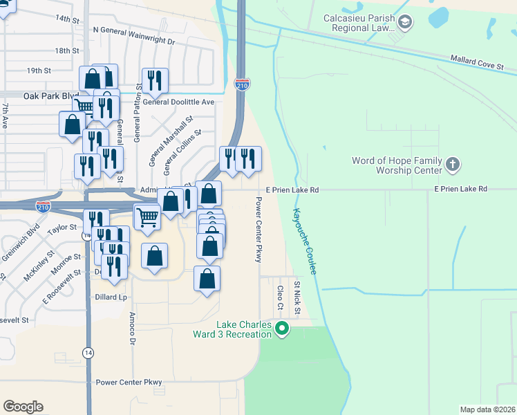 map of restaurants, bars, coffee shops, grocery stores, and more near 3570-3612 E Prien Lake Rd in Lake Charles