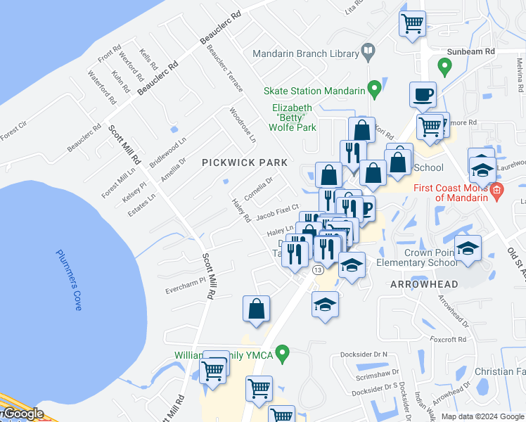 map of restaurants, bars, coffee shops, grocery stores, and more near 3050 Watson Drive South in Jacksonville