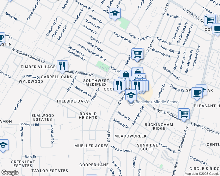 map of restaurants, bars, coffee shops, grocery stores, and more near 739 West William Cannon Drive in Austin