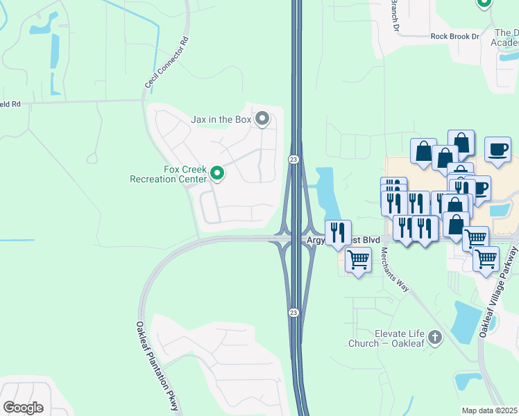 map of restaurants, bars, coffee shops, grocery stores, and more near 10049 Andean Fox Drive in Jacksonville