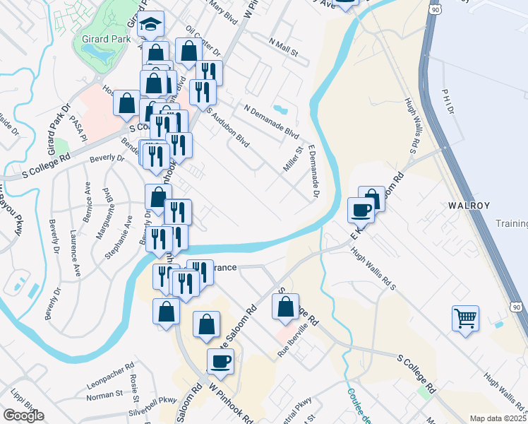 map of restaurants, bars, coffee shops, grocery stores, and more near 139 Teche Drive in Lafayette