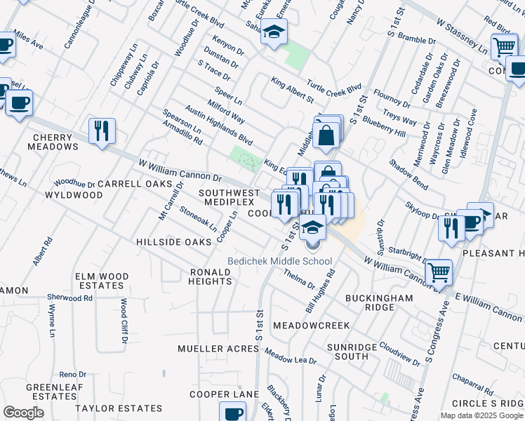 map of restaurants, bars, coffee shops, grocery stores, and more near 739 West William Cannon Drive in Austin