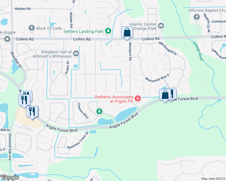 map of restaurants, bars, coffee shops, grocery stores, and more near 8164 Cayuga Trail East in Jacksonville