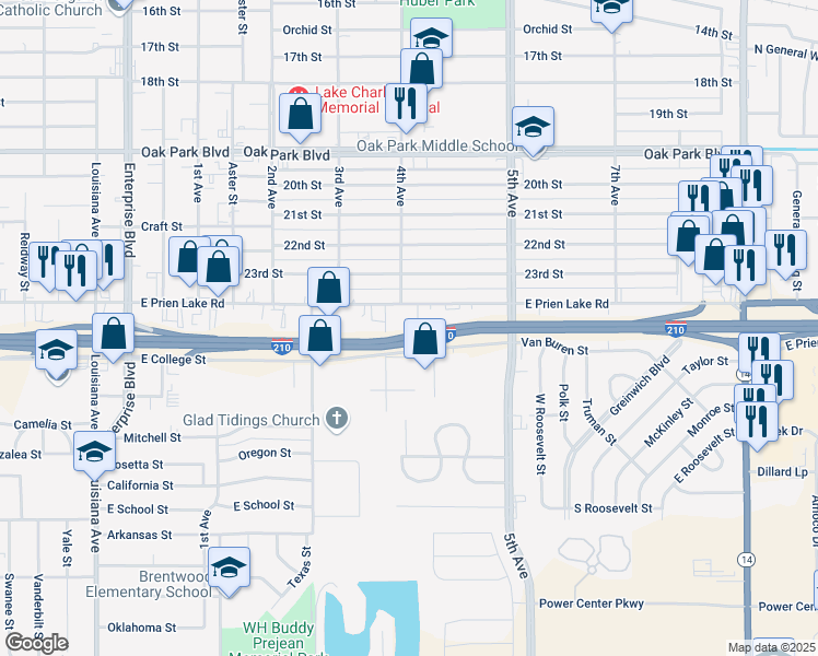 map of restaurants, bars, coffee shops, grocery stores, and more near 3346 Kingham Road in Lake Charles