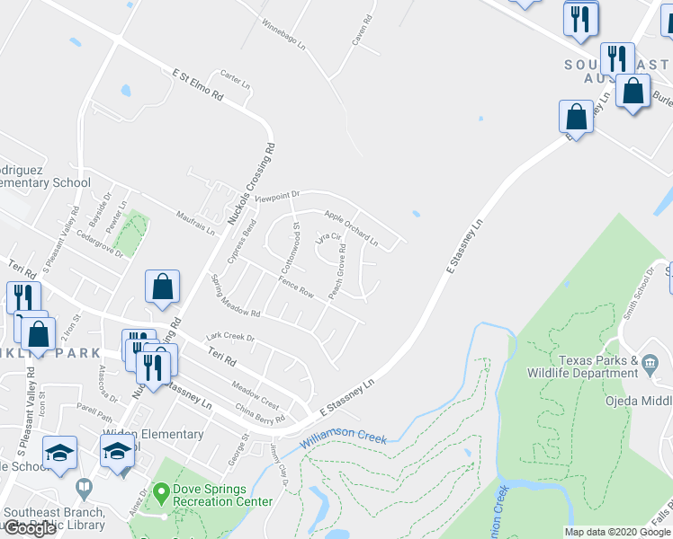 map of restaurants, bars, coffee shops, grocery stores, and more near 4605 Peach Grove Road in Austin