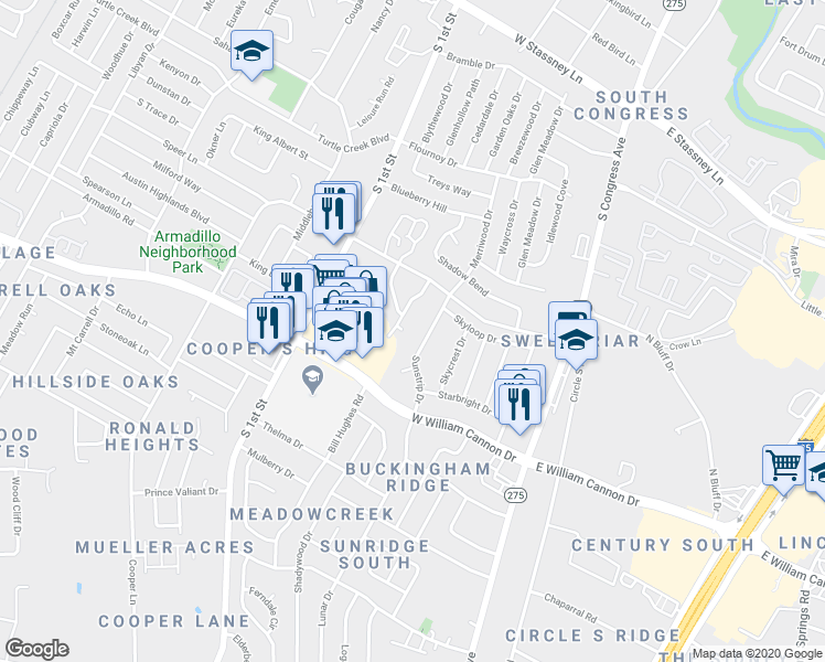 map of restaurants, bars, coffee shops, grocery stores, and more near 6501 Bradsher Drive in Austin