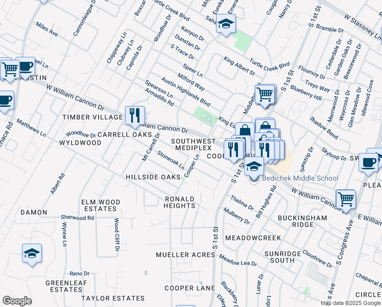 map of restaurants, bars, coffee shops, grocery stores, and more near 1015 West William Cannon Drive in Austin