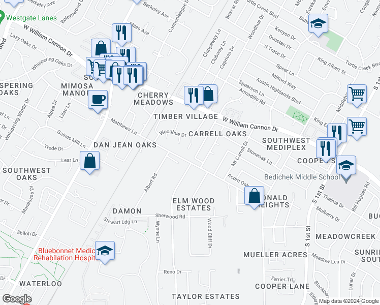 map of restaurants, bars, coffee shops, grocery stores, and more near 7010 Windrift Way in Austin