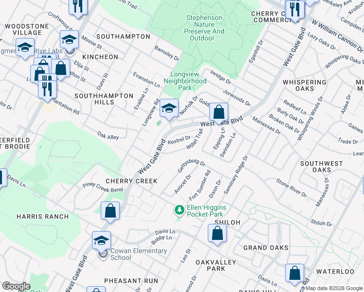 map of restaurants, bars, coffee shops, grocery stores, and more near 3000 Kestrel Drive in Austin