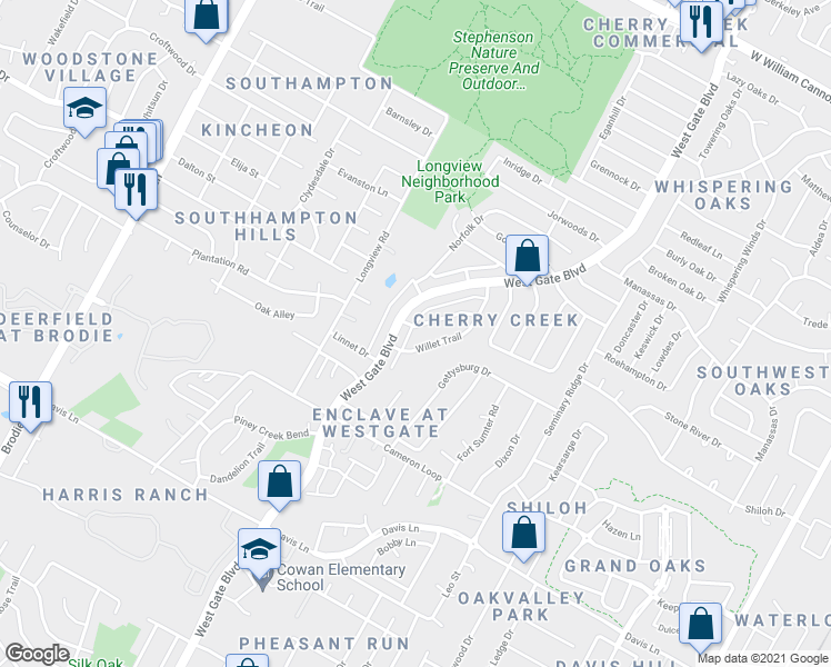 map of restaurants, bars, coffee shops, grocery stores, and more near 3000 Kestrel Drive in Austin