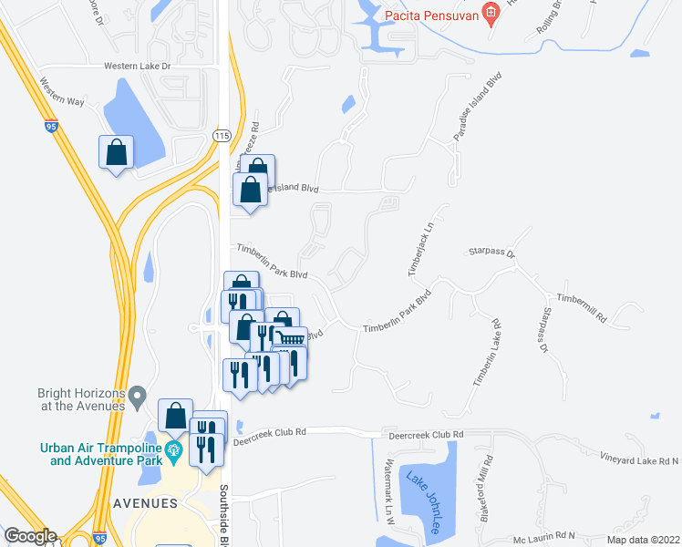 map of restaurants, bars, coffee shops, grocery stores, and more near 7701 Timberlin Park Boulevard in Jacksonville
