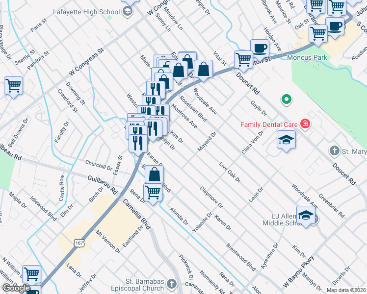 map of restaurants, bars, coffee shops, grocery stores, and more near 110 Kim Drive in Lafayette