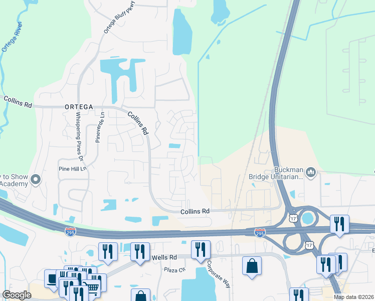 map of restaurants, bars, coffee shops, grocery stores, and more near 5291 Collins Road in Jacksonville