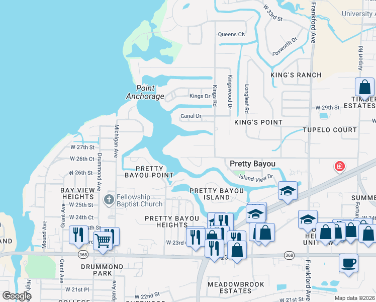 map of restaurants, bars, coffee shops, grocery stores, and more near 3030 West 27th Court in Panama City