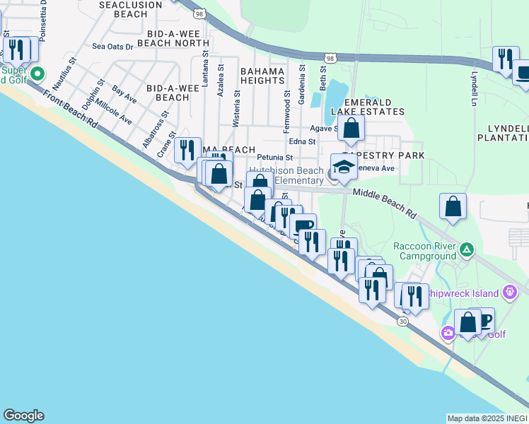 map of restaurants, bars, coffee shops, grocery stores, and more near 605 Evergreen Street in Panama City