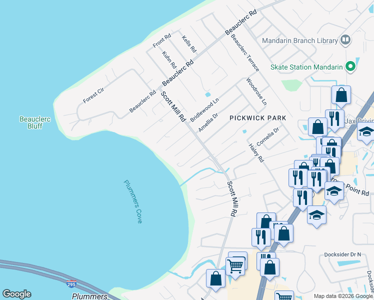 map of restaurants, bars, coffee shops, grocery stores, and more near 2810 Estates Lane in Jacksonville