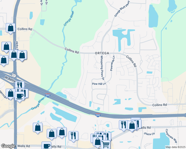 map of restaurants, bars, coffee shops, grocery stores, and more near 5557 Oak Crossing Drive in Jacksonville