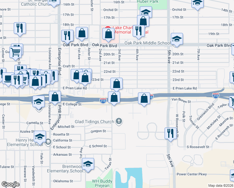 map of restaurants, bars, coffee shops, grocery stores, and more near 1700 East Prien Lake Road in Lake Charles