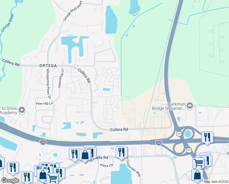 map of restaurants, bars, coffee shops, grocery stores, and more near 5291 Collins Road in Jacksonville