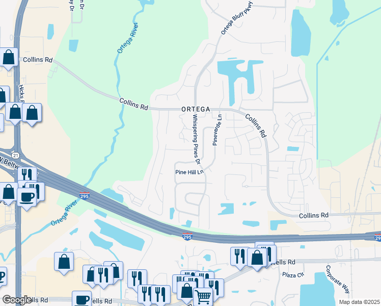 map of restaurants, bars, coffee shops, grocery stores, and more near 5521 Oak Crossing Drive in Jacksonville