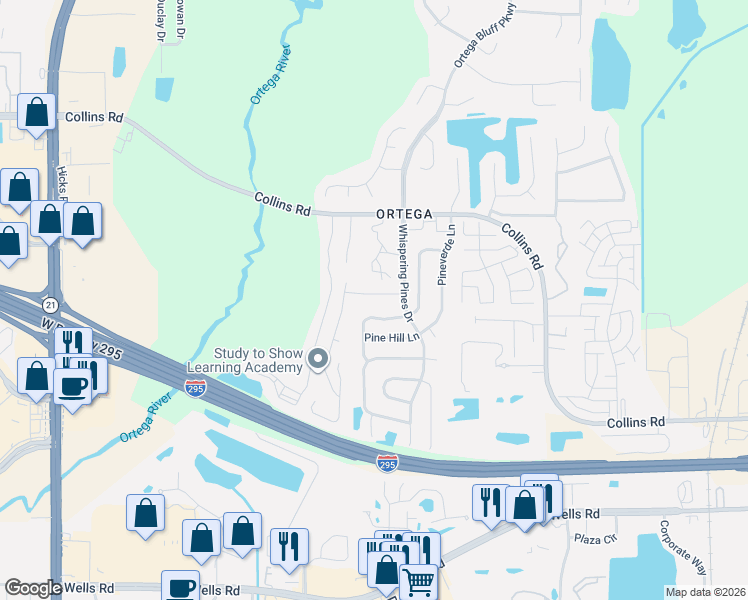 map of restaurants, bars, coffee shops, grocery stores, and more near 5550 Oak Crossing Drive in Jacksonville