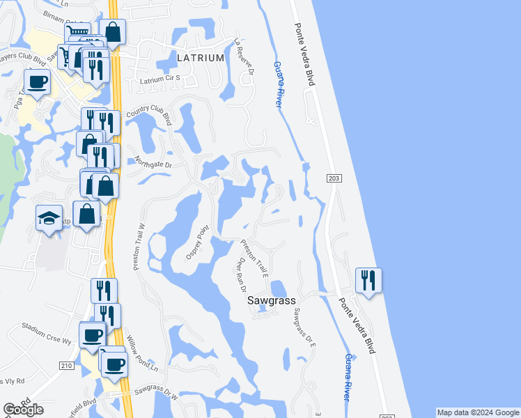 map of restaurants, bars, coffee shops, grocery stores, and more near 57 Tifton Way North in Ponte Vedra Beach