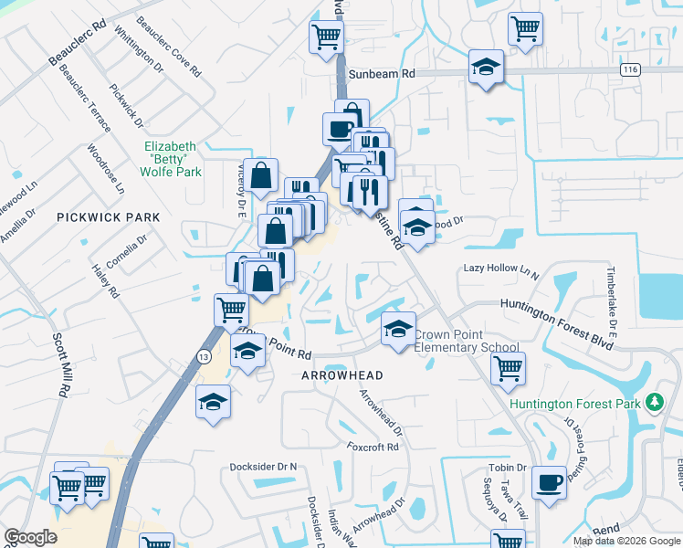 map of restaurants, bars, coffee shops, grocery stores, and more near 3802 Millpoint Drive in Jacksonville