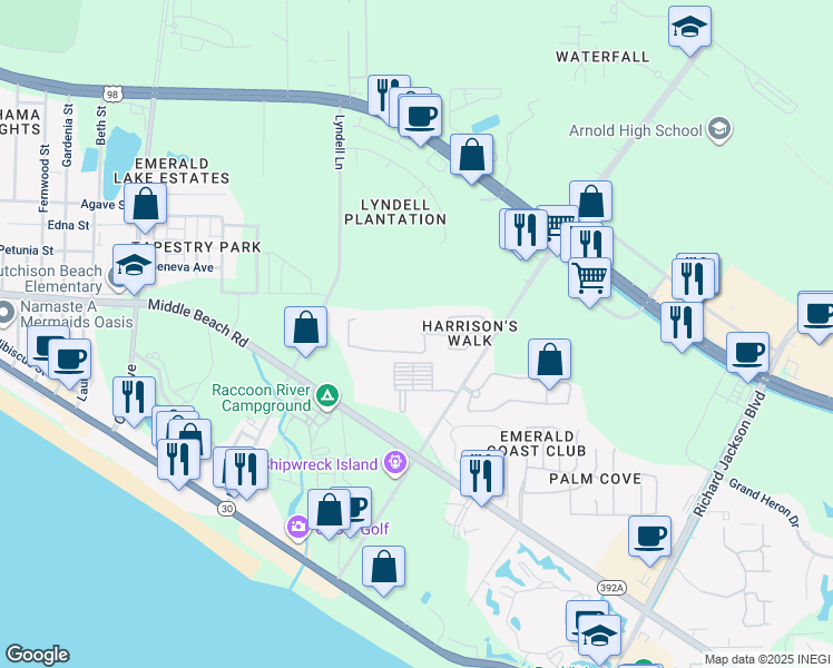 map of restaurants, bars, coffee shops, grocery stores, and more near 302 Cabana Boulevard in Panama City Beach